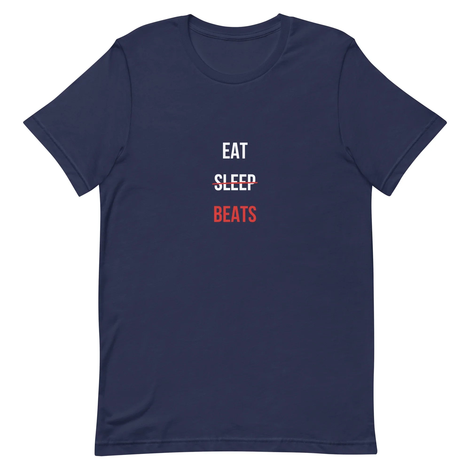 Navy t-shirt with 'EAT SLEEP BEATS' text on a navy background made for music producers and beatmakers
