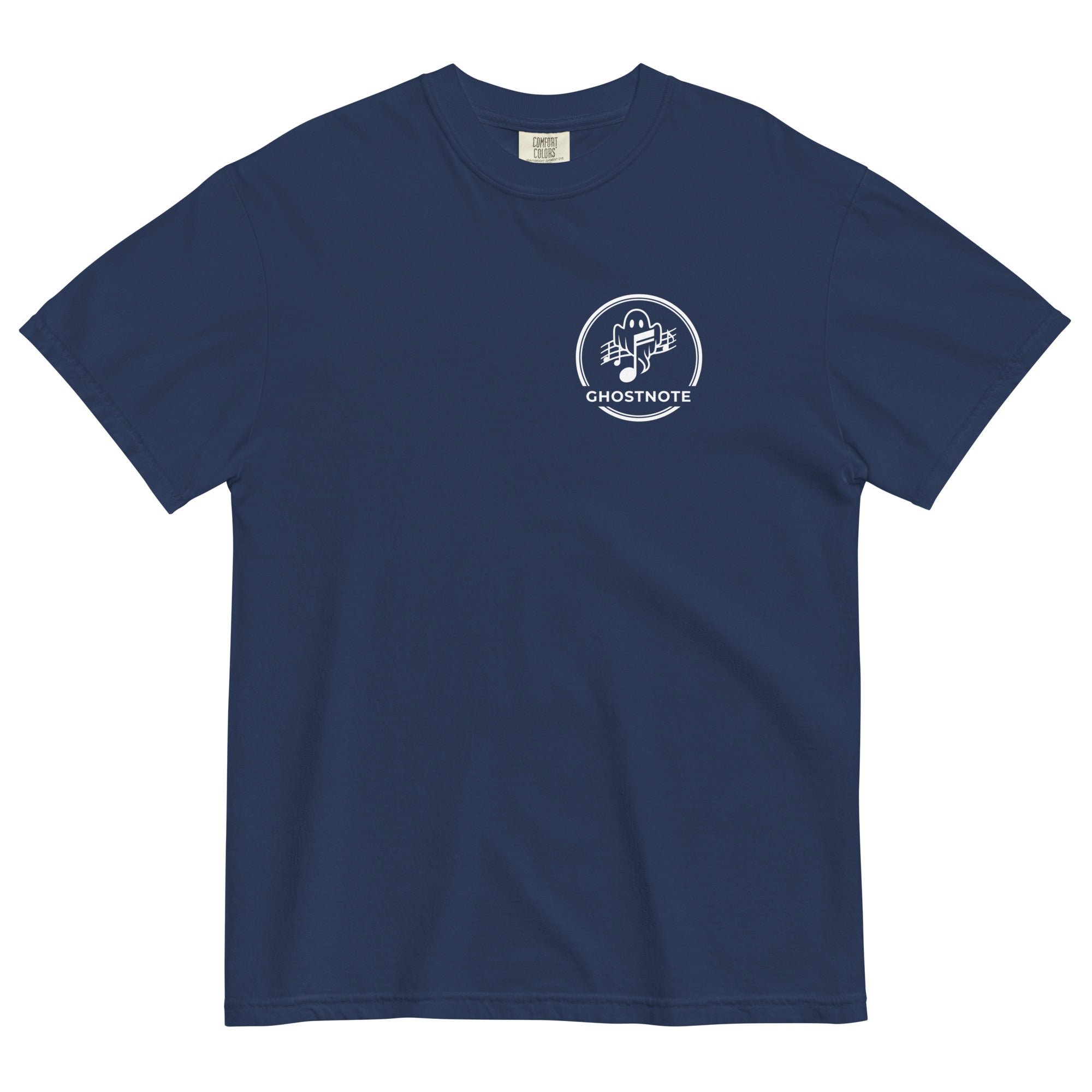 Navy t-shirt with a white Ghostnote streetwear logo on a navy background