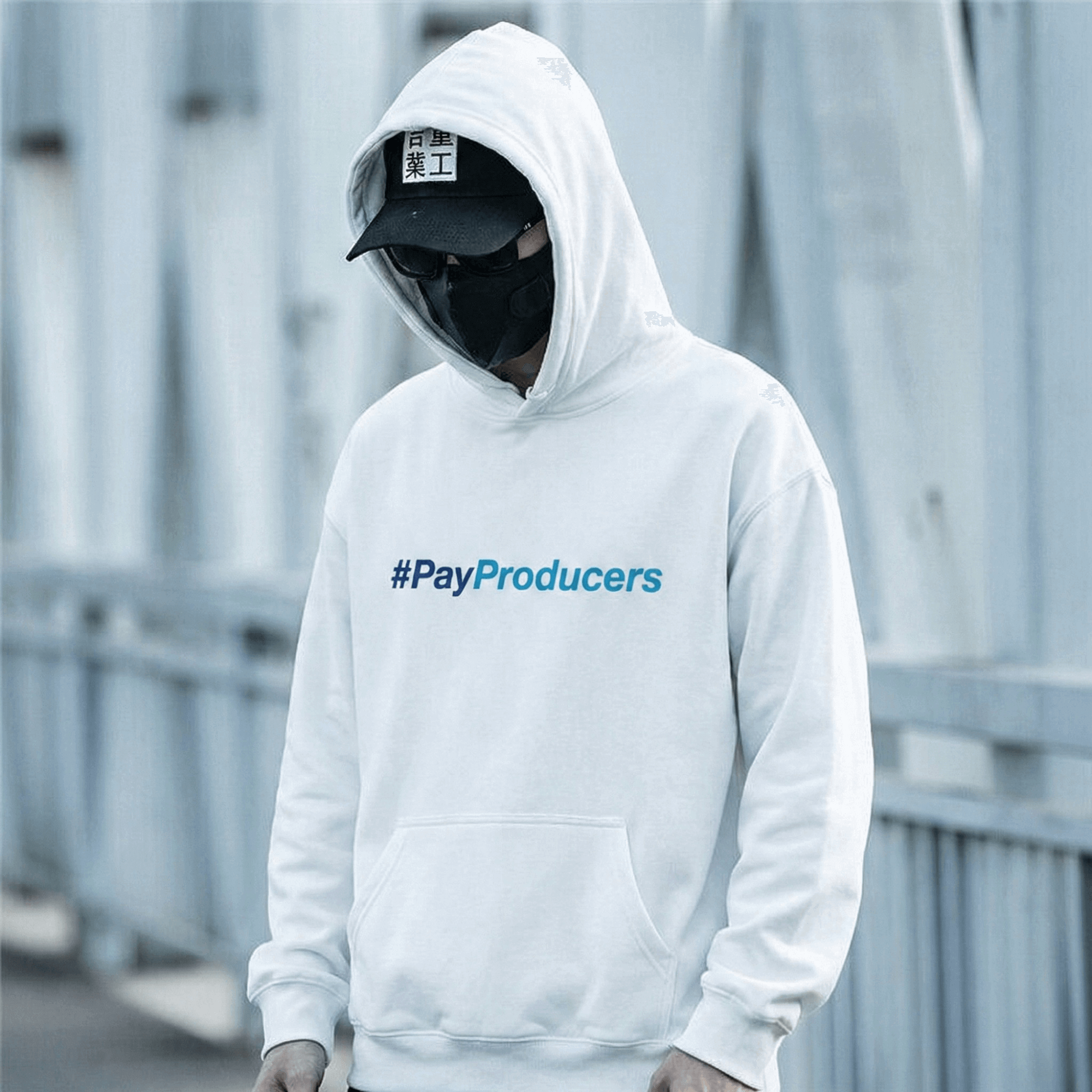 Hip Hop music producer wearing white hoodie with blue #PayProducers text styled with black cap and face mask