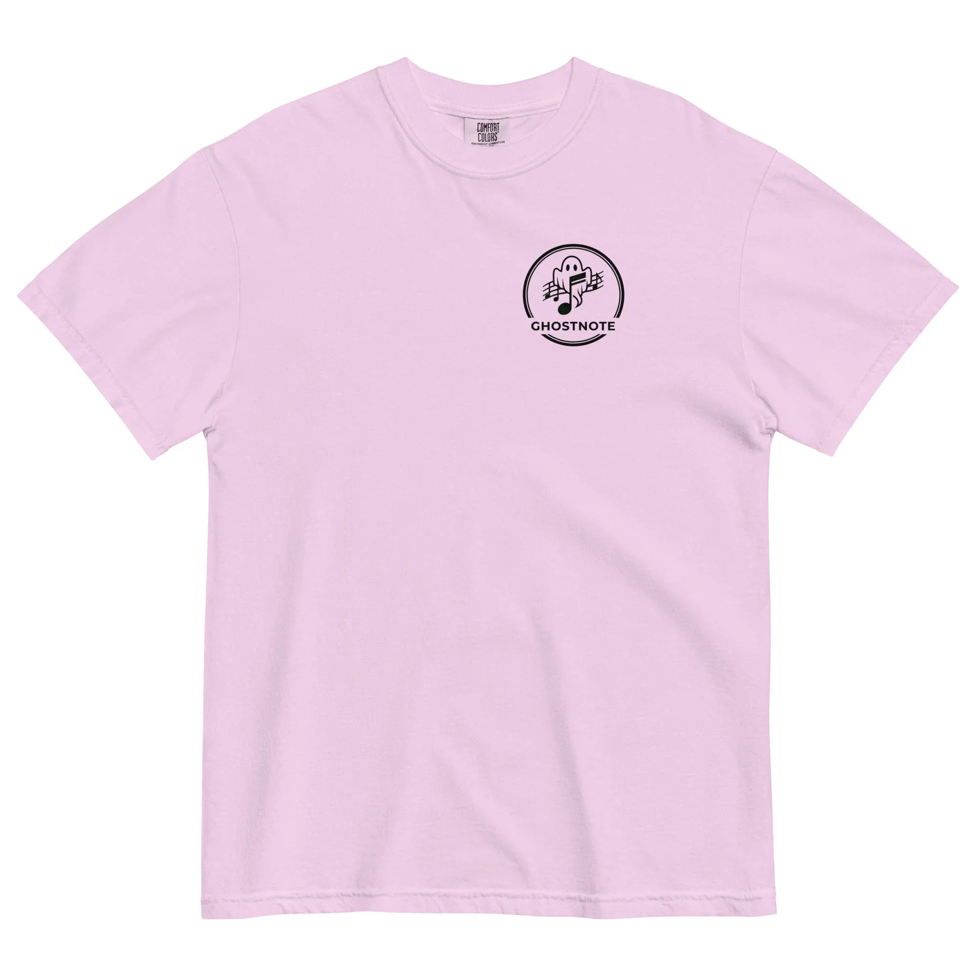 Pink t-shirt with a black Ghostnote streetwear band logo on a pink background