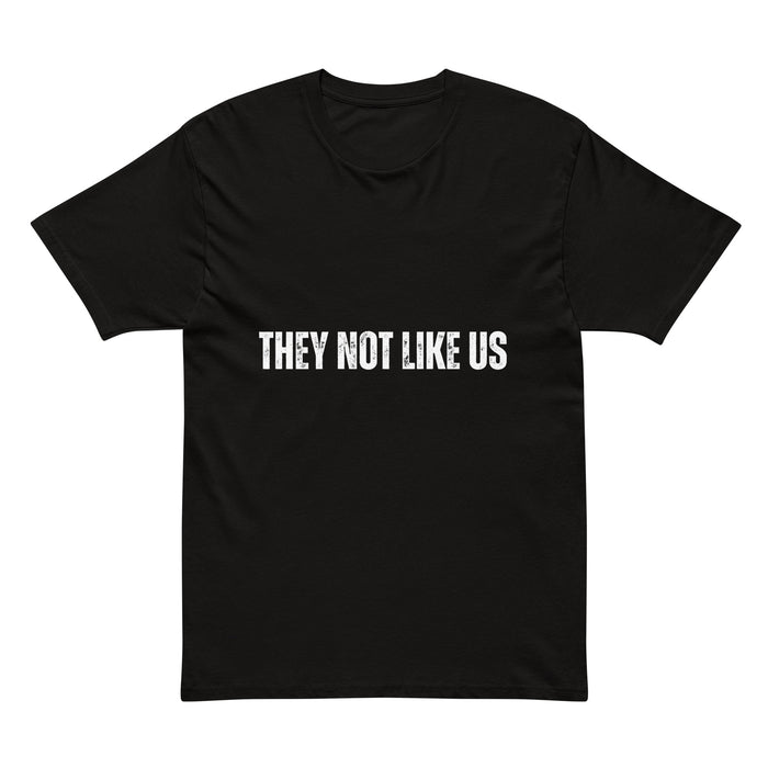 Black rapper t-shirt with bold white 'THEY NOT LIKE US' text on the chest — Ghostnote hip-hop streetwear