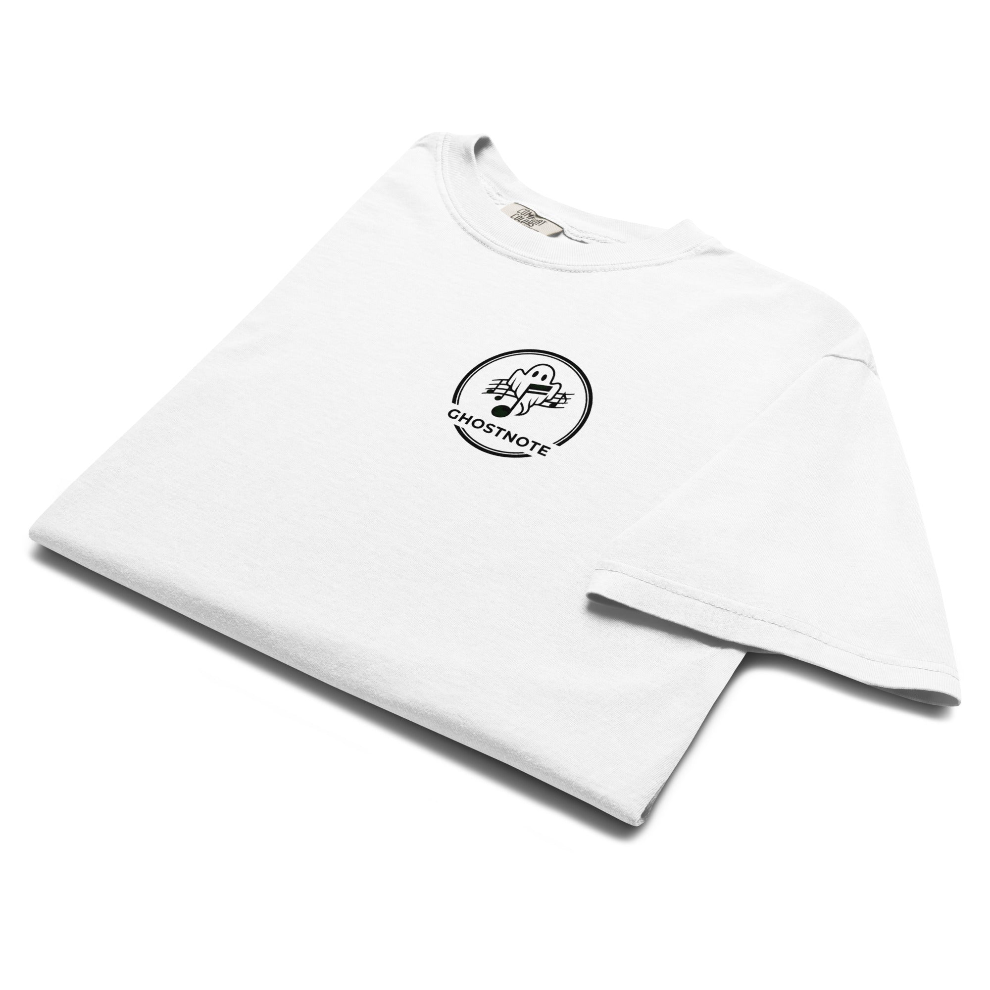 White folded t-shirt with a black Ghostnote streetwear band logo on a white background