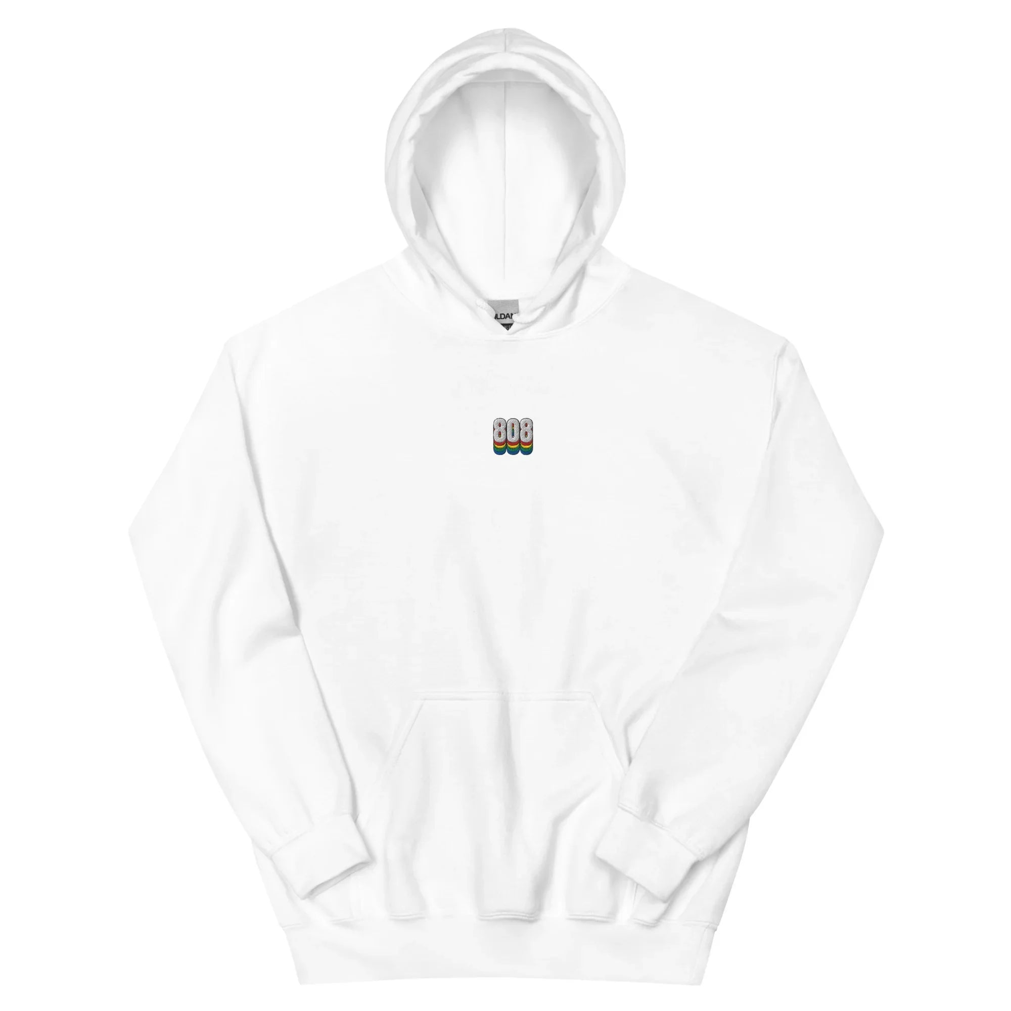 White hoodie for music producers and rappers with a logo on the chest that says "808"