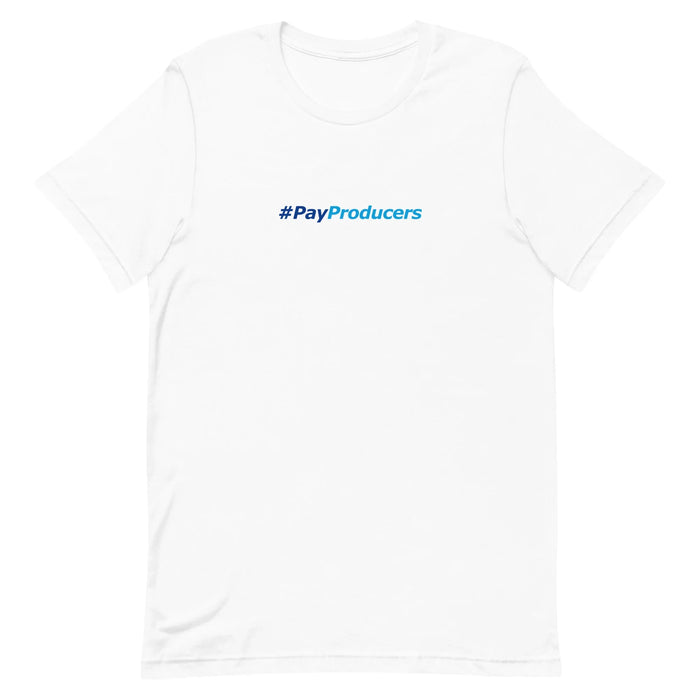 White music producer t-shirt with '#PayProducers' in blue text on the chest — Ghostnote beatmaker streetwear