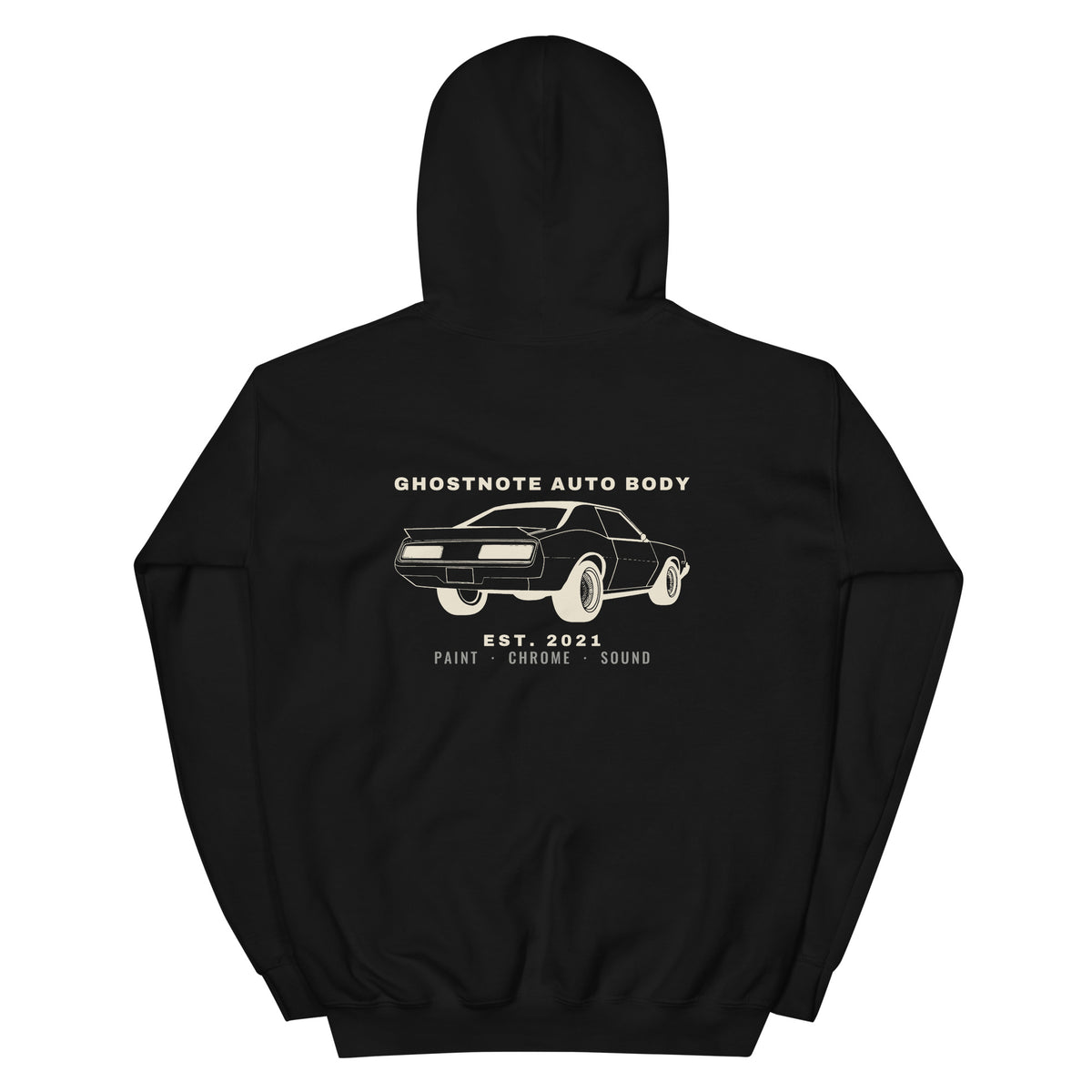 All Black '87 hip hop hoodie in Black, flat back