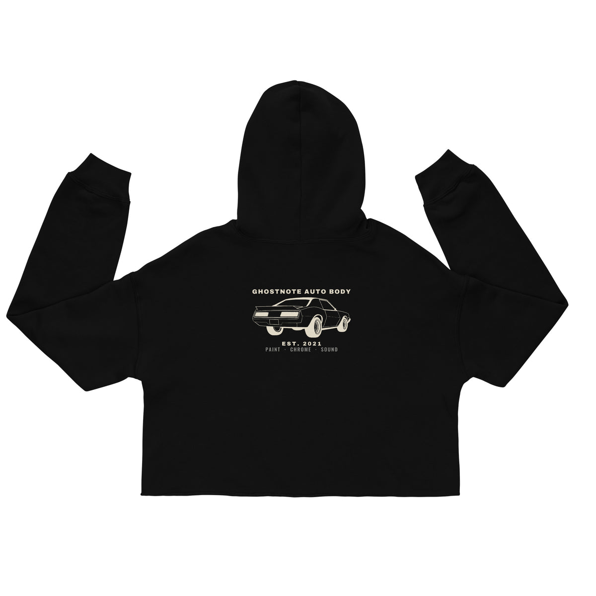 All Black '87 women's cropped hip hop hoodie in Black, flat back