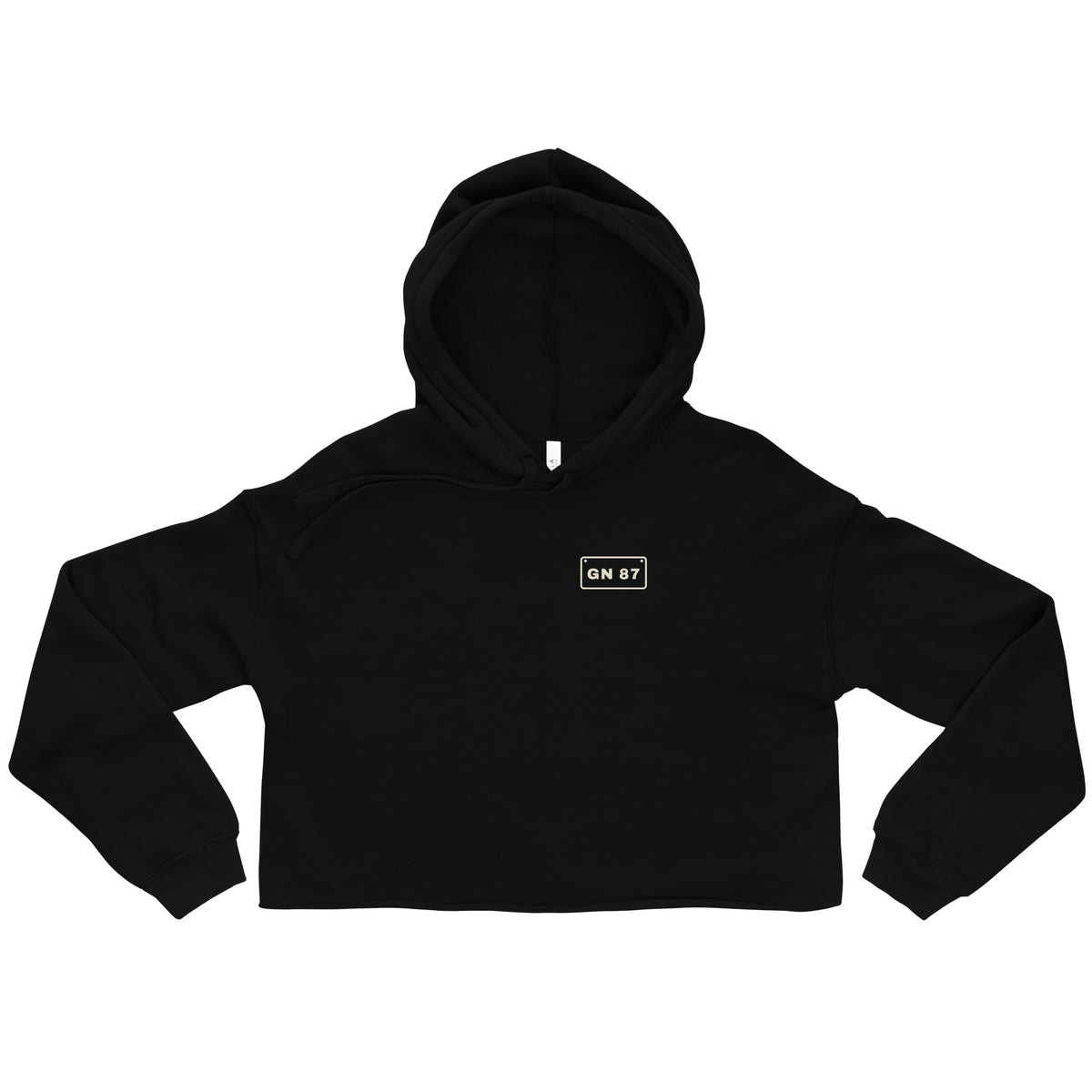 All Black '87 women's cropped hip hop hoodie in Black, flat front