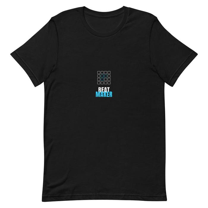 Black t-shirt with a drum-machine pad grid and bold 'BEAT MAKER' text in white and cyan — Ghostnote music producer tee, flat front