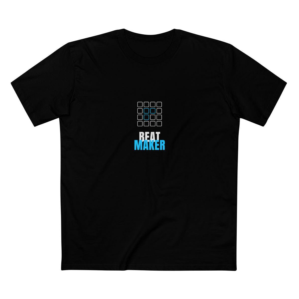Black t-shirt with a drum-machine pad grid and bold 'BEAT MAKER' text in white and cyan — Ghostnote music producer tee, flat front