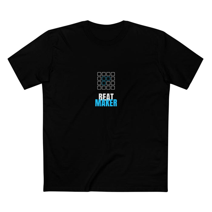 Black t-shirt with a drum-machine pad grid and bold 'BEAT MAKER' text in white and cyan — Ghostnote music producer tee
