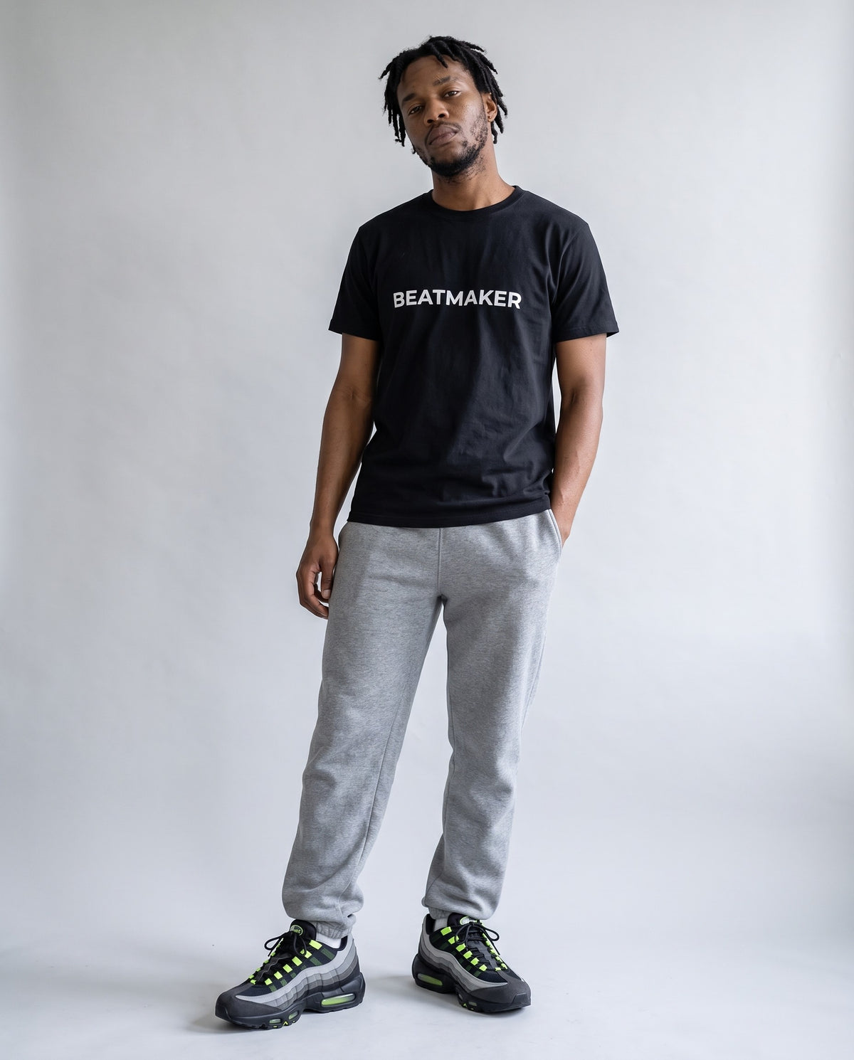 Model wearing the Beatmaker t-shirt in Black, full length