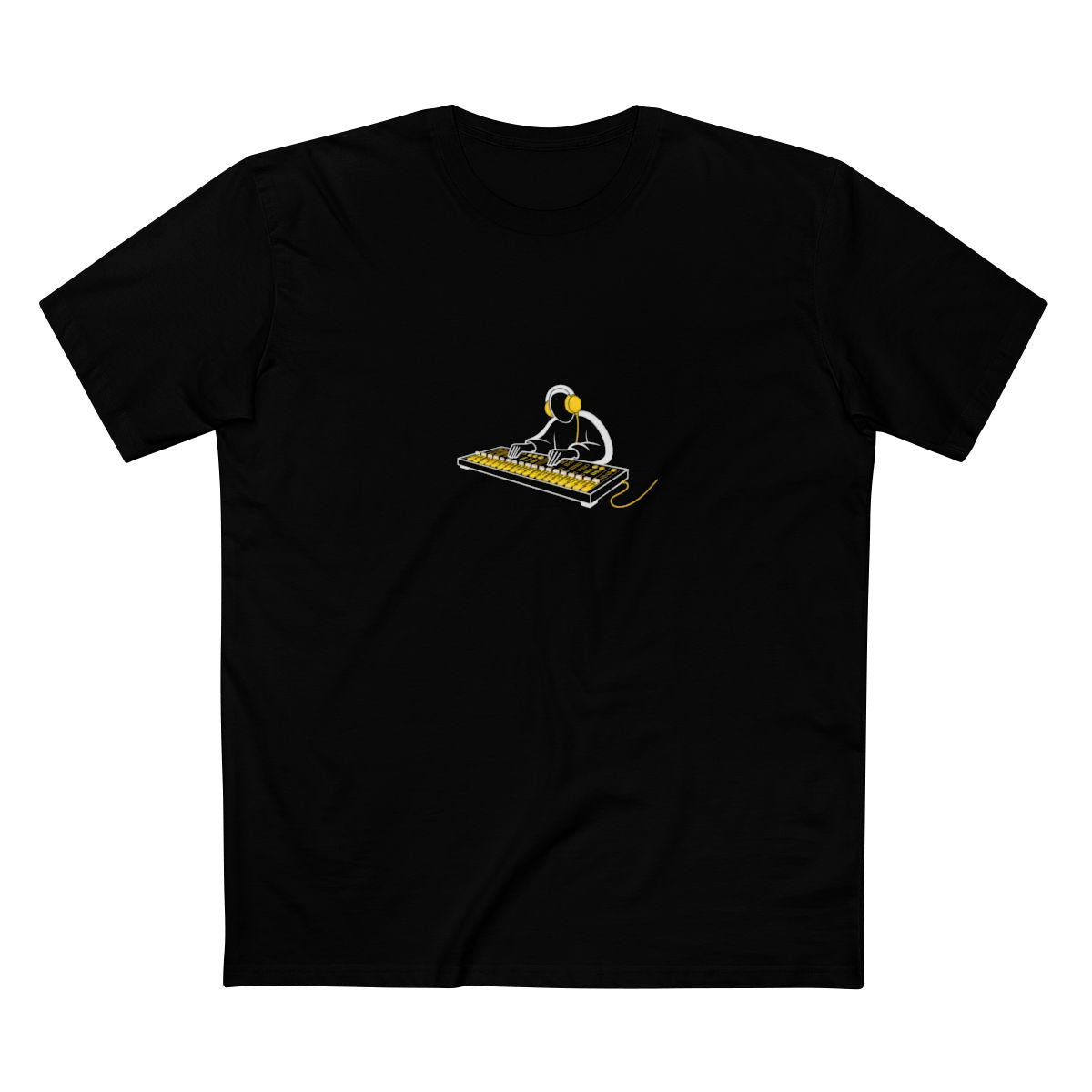 Black t-shirt with a white-and-yellow illustration of an audio engineer at a mixing board — Ghostnote streetwear tee, flat front