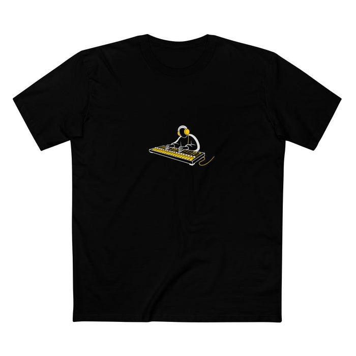 Black t-shirt with a white-and-yellow illustration of an audio engineer at a mixing board — Ghostnote streetwear tee