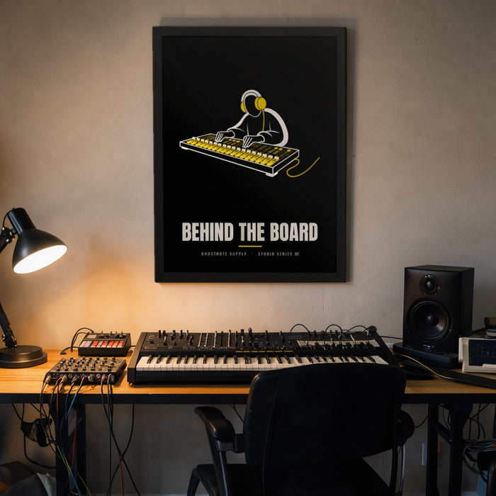 Behind The Board Studio Poster framed on a home studio wall above a synth desk