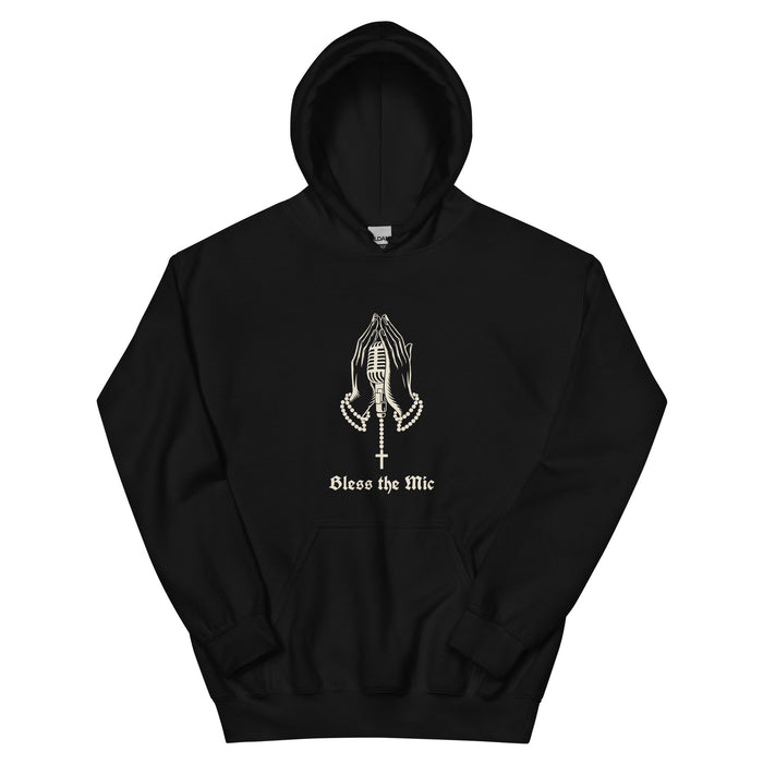 Bless the Mic hip hop hoodie in Black, flat front