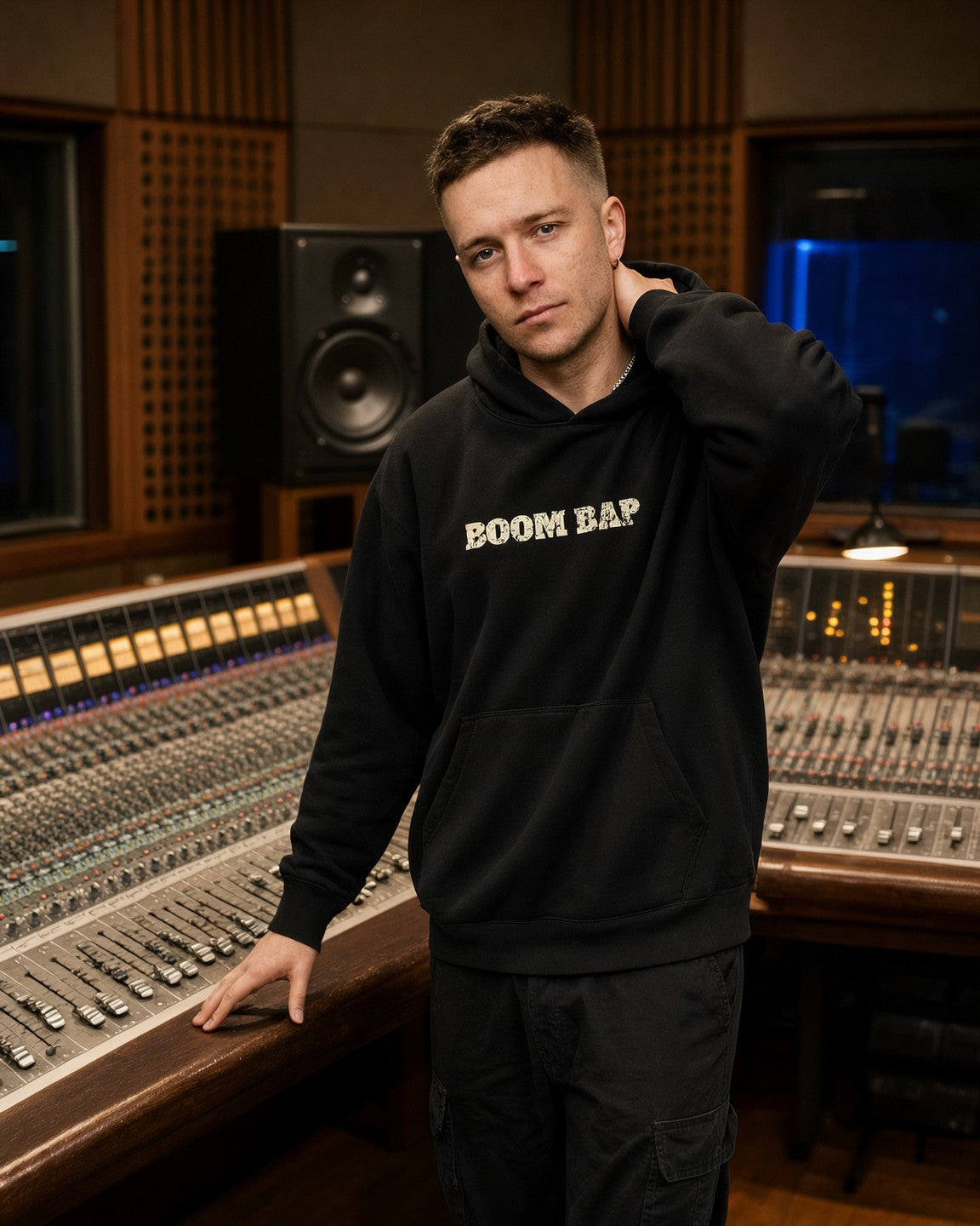 Model wearing the Boom Bap Hoodie in Black