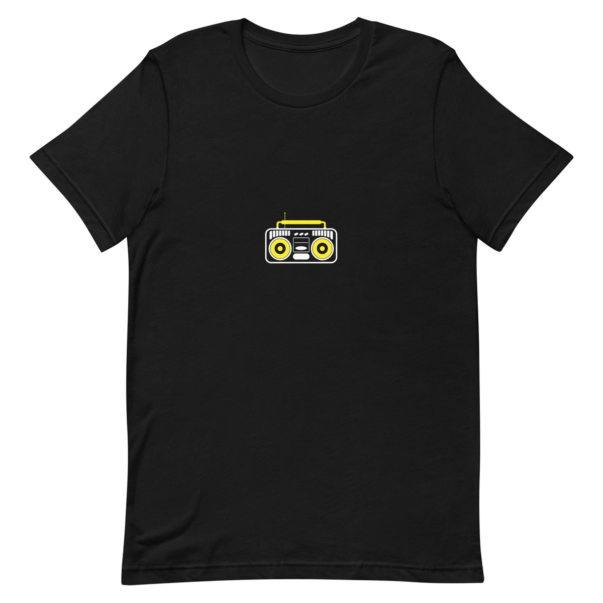 Black t-shirt with a white-and-yellow illustration of an old-school boombox — Ghostnote hip-hop streetwear tee, flat front