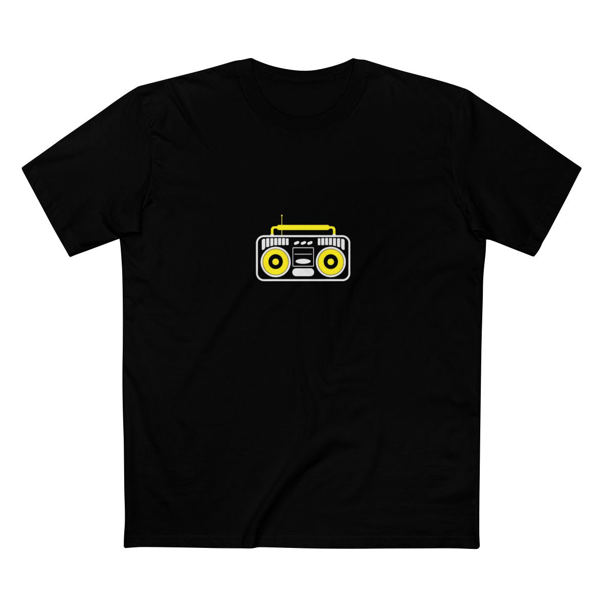 Black t-shirt with a white-and-yellow illustration of an old-school boombox — Ghostnote hip-hop streetwear tee, flat front