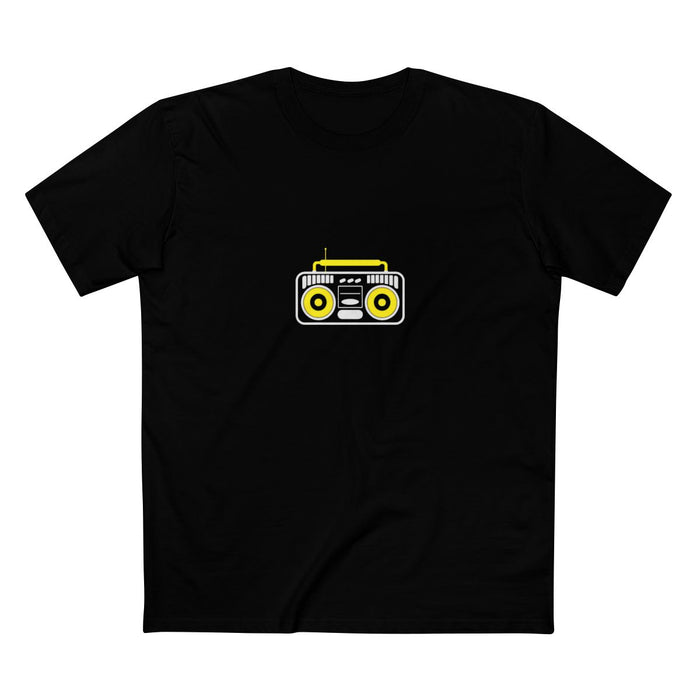 Black t-shirt with a white-and-yellow illustration of an old-school boombox — Ghostnote hip-hop streetwear tee