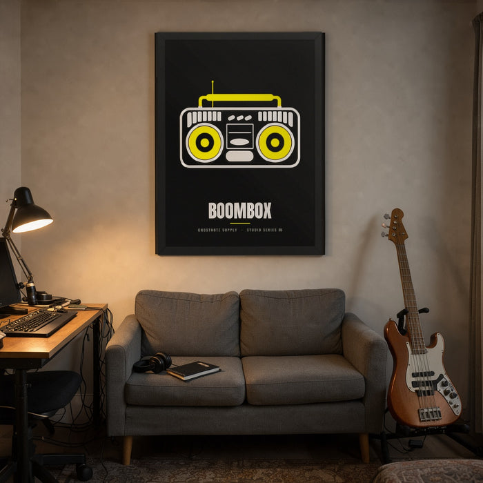 Boombox Studio Poster framed on a home studio wall above the sofa