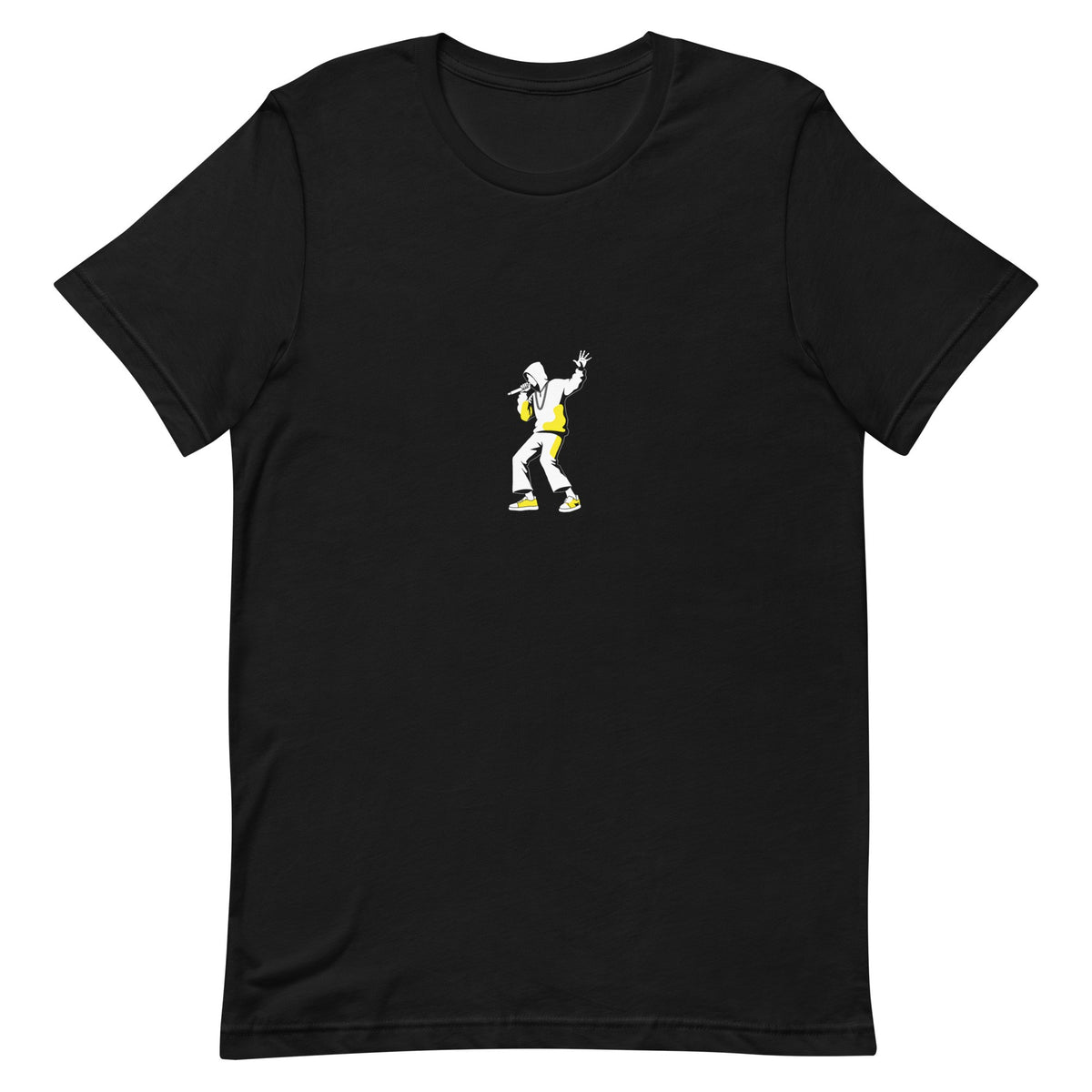 Black t-shirt with a white-and-yellow illustration of a rapper performing on stage — Ghostnote rapper streetwear tee, flat front