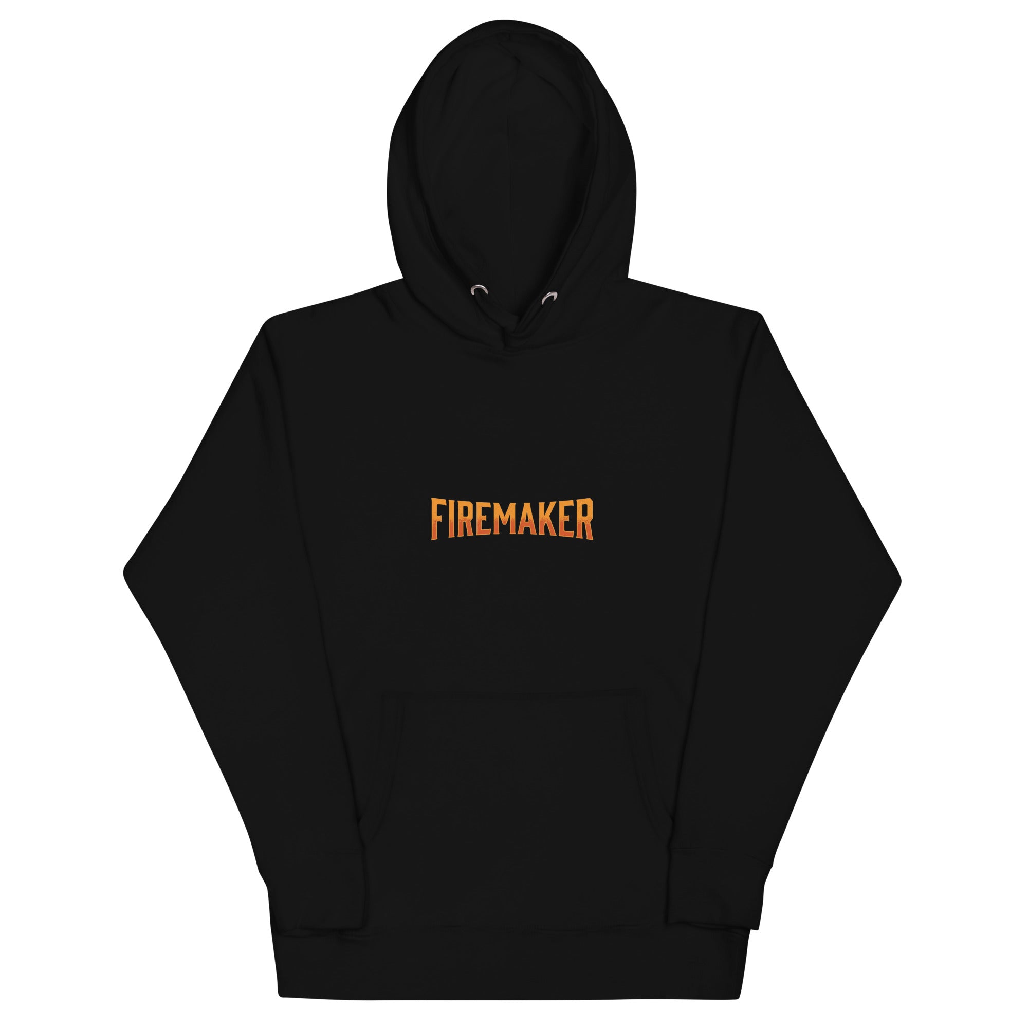 Black hoodie with 'FIREMAKER' in bold orange text on the chest — Ghostnote hip-hop streetwear