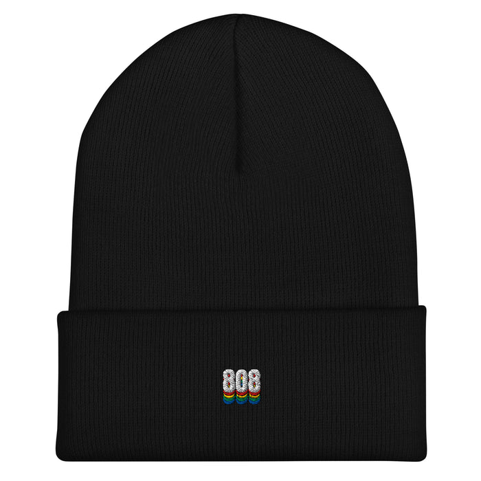 808 Sound black cuffed beanie with a small embroidered '808' drum-machine logo in white over a red, yellow, green and blue drop — Ghostnote music producer streetwear