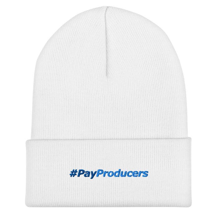 White cuffed beanie with '#PayProducers' embroidered in blue on the fold — Ghostnote music producer streetwear