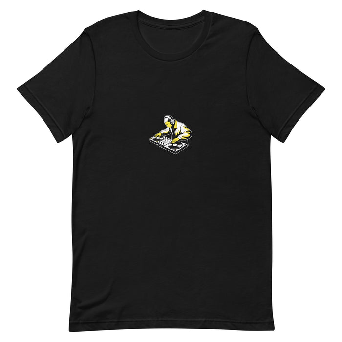 Black t-shirt with a white-and-yellow illustration of a DJ cutting on turntables — Ghostnote hip-hop streetwear tee, flat front