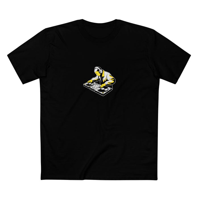 Black t-shirt with a white-and-yellow illustration of a DJ cutting on turntables — Ghostnote hip-hop streetwear tee