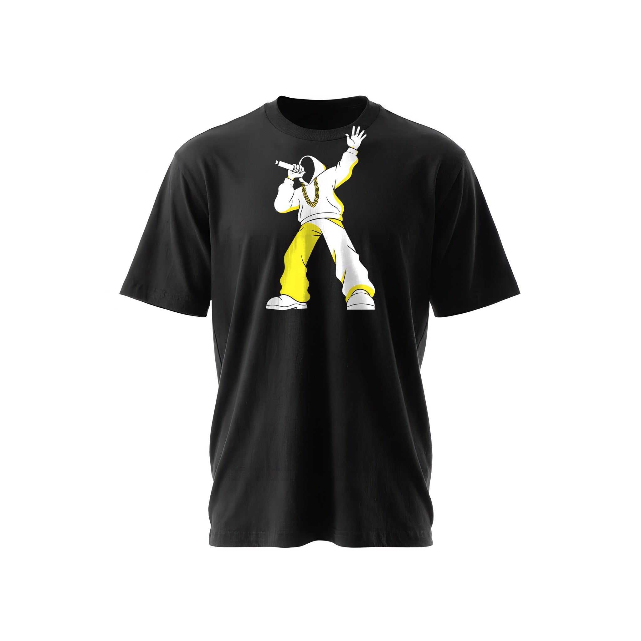 Black t-shirt with a white-and-yellow illustration of a rapper performing energetically — Ghostnote rapper streetwear tee