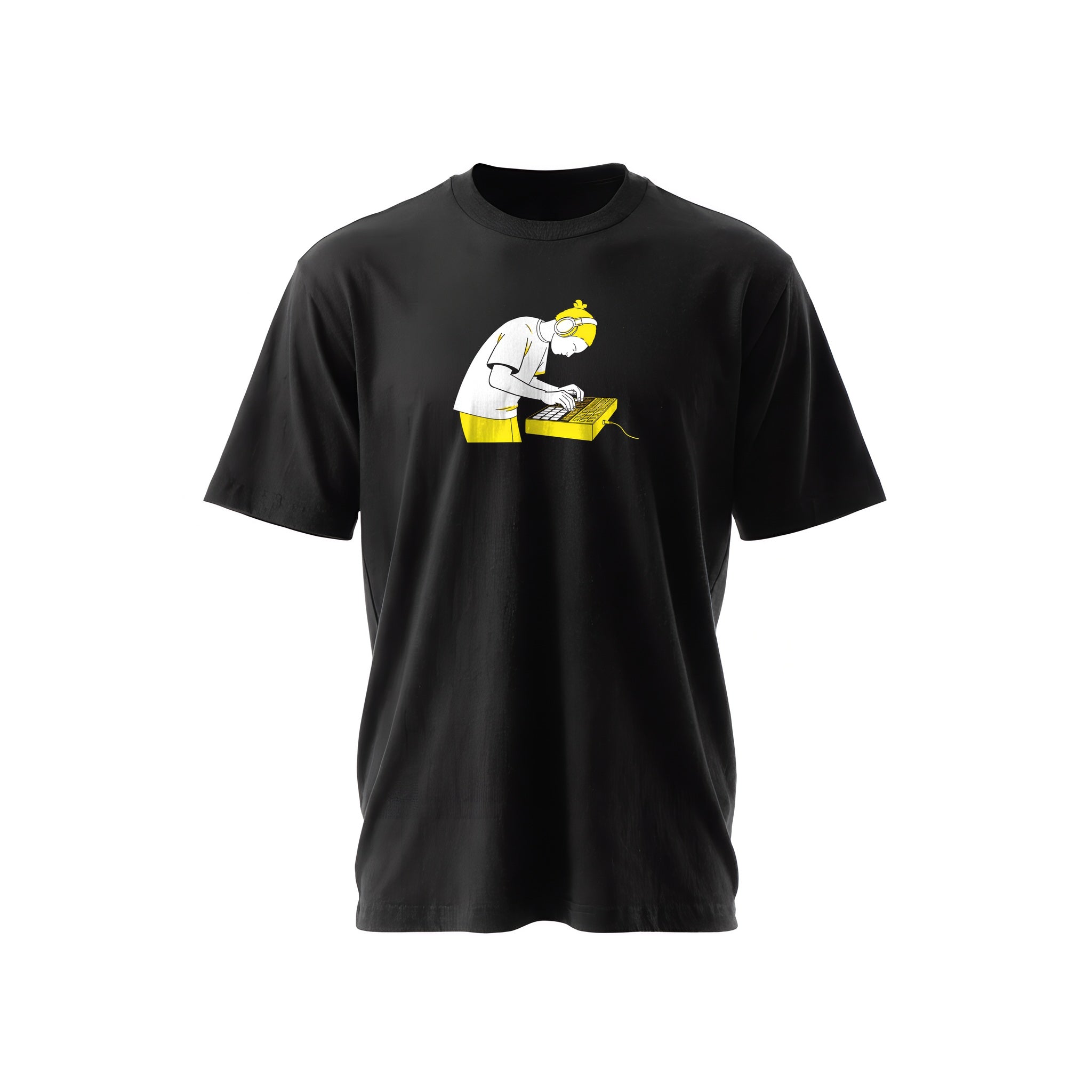 Black t-shirt with a white-and-yellow illustration of a producer on an MPC drum machine — Ghostnote music producer tee