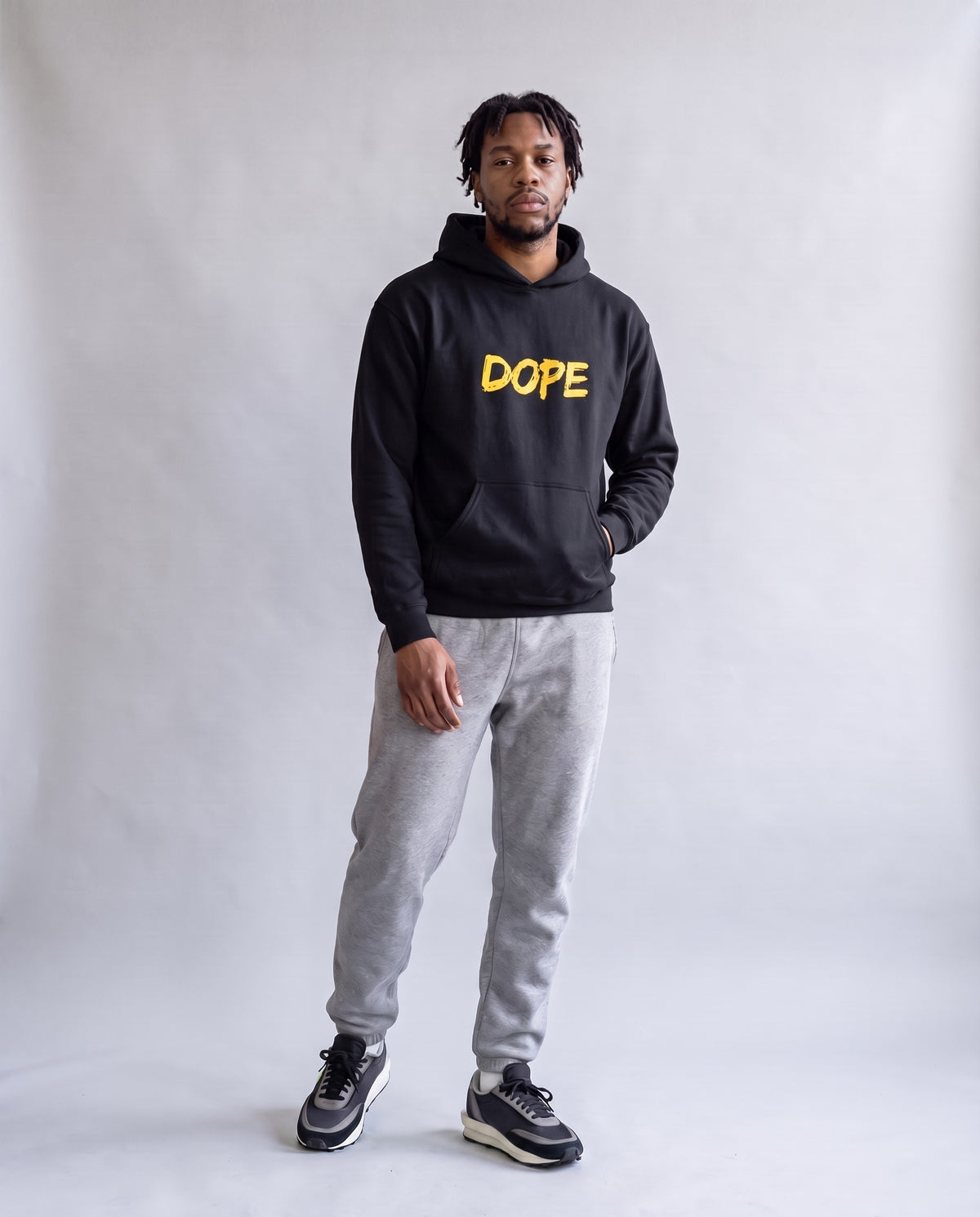 Model wearing the Dope Hip Hop Hoodie in Black, full length