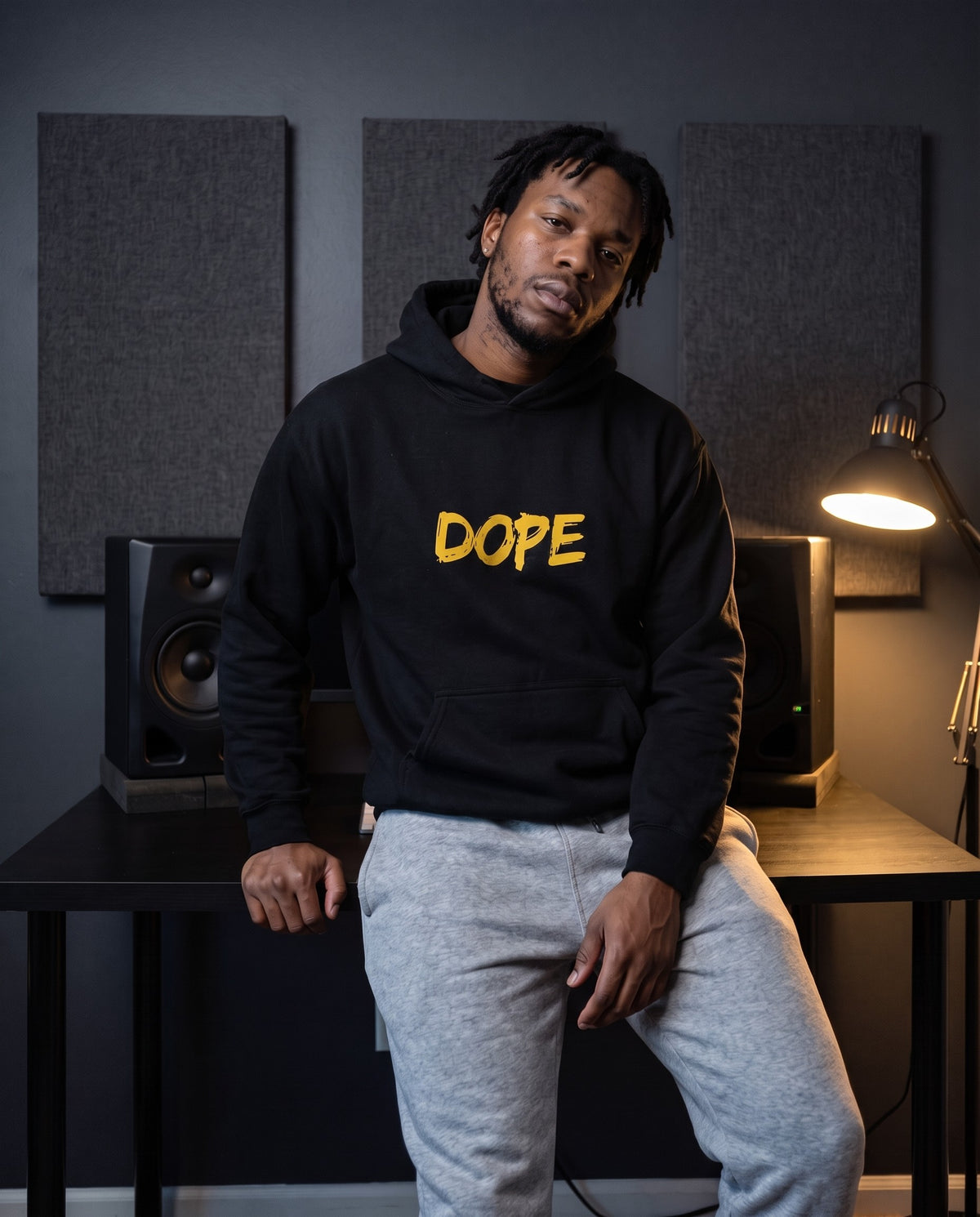 Model wearing the Dope Hip Hop Hoodie in Black, in a home studio