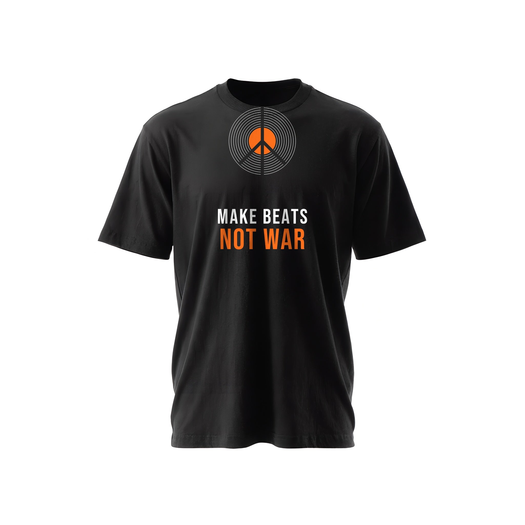Black t-shirt with a vinyl-record peace sign and 'MAKE BEATS NOT WAR' text in orange and red — Ghostnote music producer tee