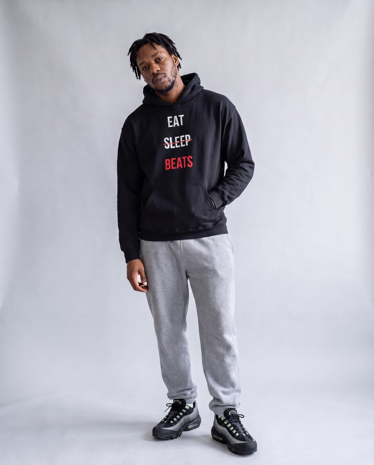 Model wearing the Eat Sleep Beats Producer Hoodie in Black, full length