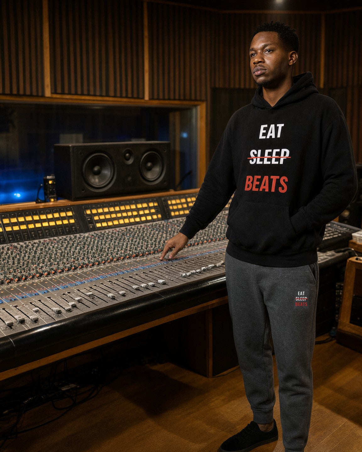 Model wearing the Eat Sleep Beats Embroidered Sweatpants in Charcoal Heather with the black hoodie, studio