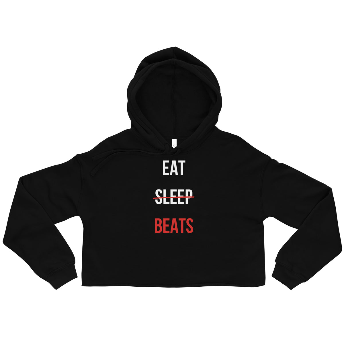 Eat Sleep Beats women's cropped hip hop hoodie in Black, flat front