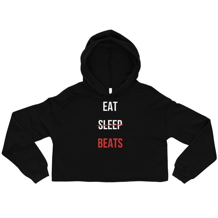 Eat Sleep Beats women's cropped hip hop hoodie in Black, flat front