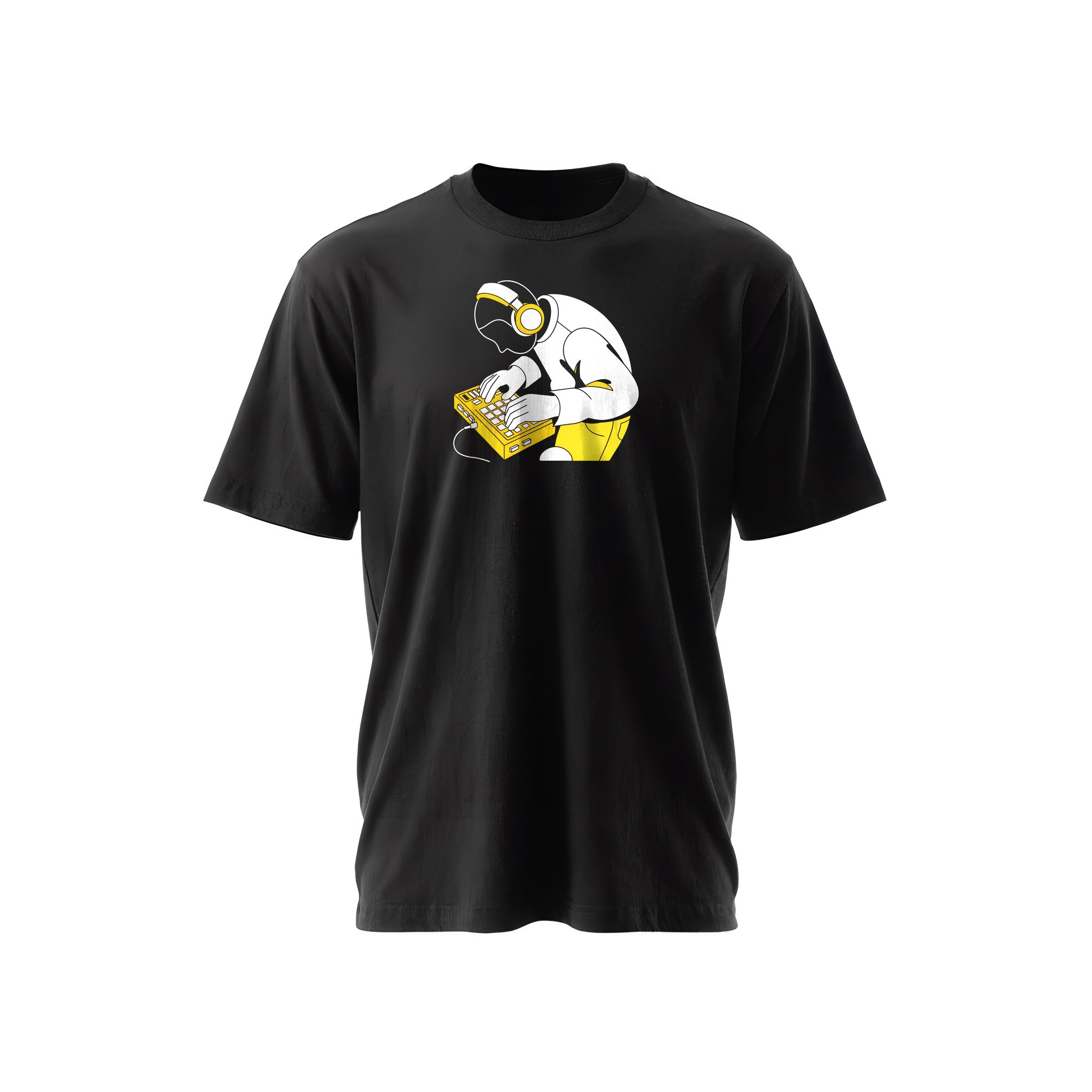 Black t-shirt with a white-and-yellow illustration of a beatmaker playing an MPC drum machine — Ghostnote music producer tee