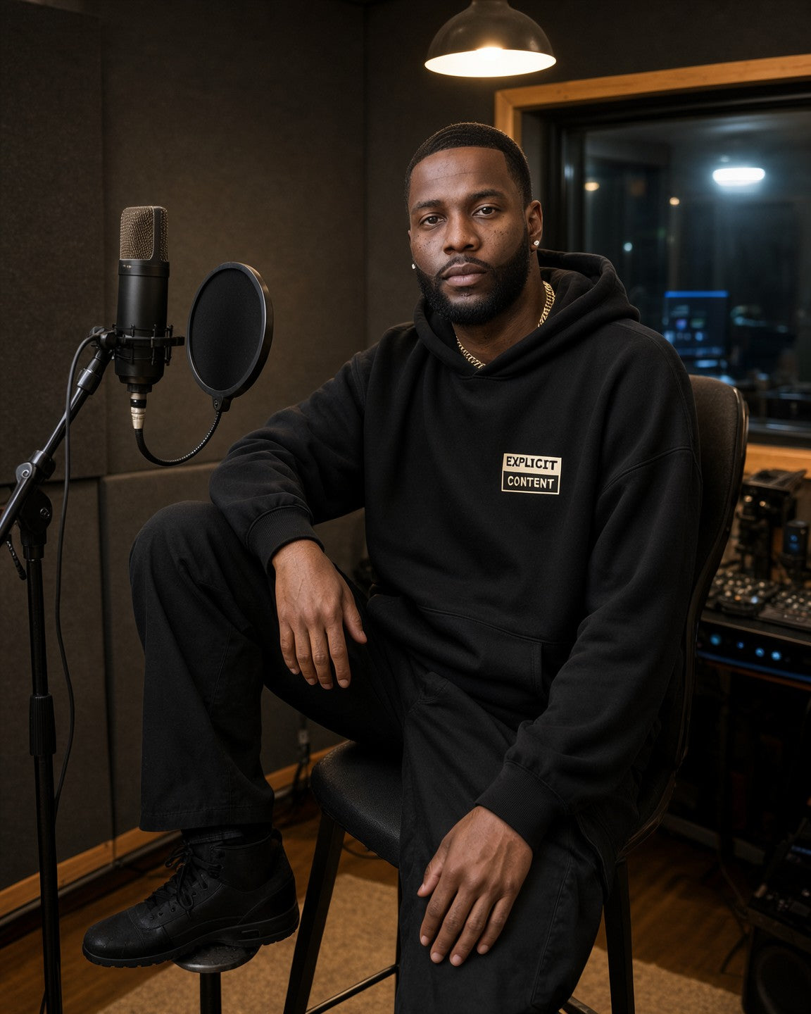 Model wearing the Explicit Content Hoodie in Black