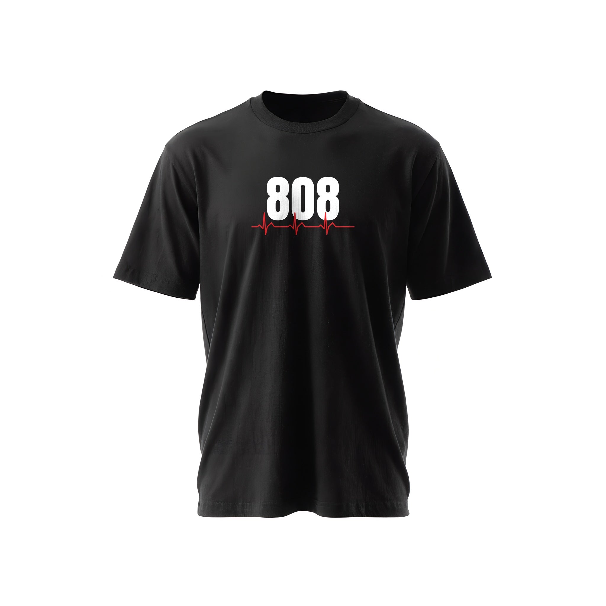 Black t-shirt with a bold white '808' and a red heartbeat ECG line through it — Ghostnote music producer streetwear tee