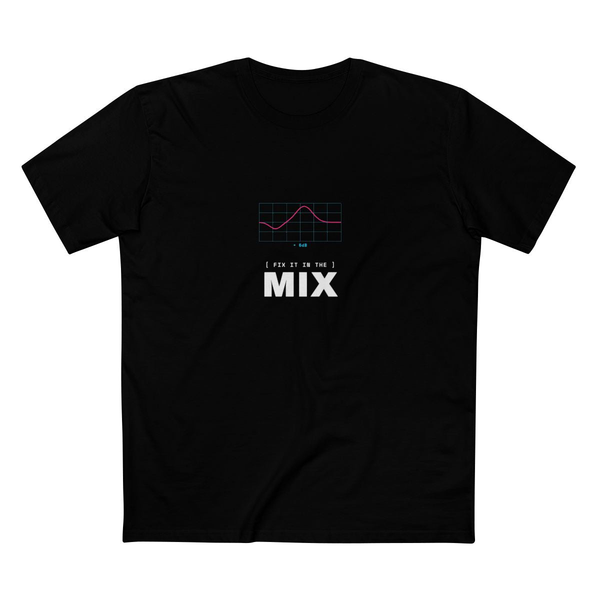 Black t-shirt with an EQ curve graphic and 'FIX IT IN THE MIX' text in white — Ghostnote audio engineer streetwear tee, flat front