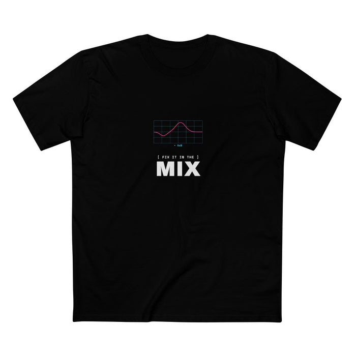 Black t-shirt with an EQ curve graphic and 'FIX IT IN THE MIX' text in white — Ghostnote audio engineer streetwear tee