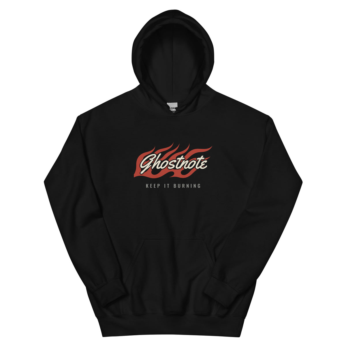 Ghostnote Flame hip hop hoodie in Black, flat front