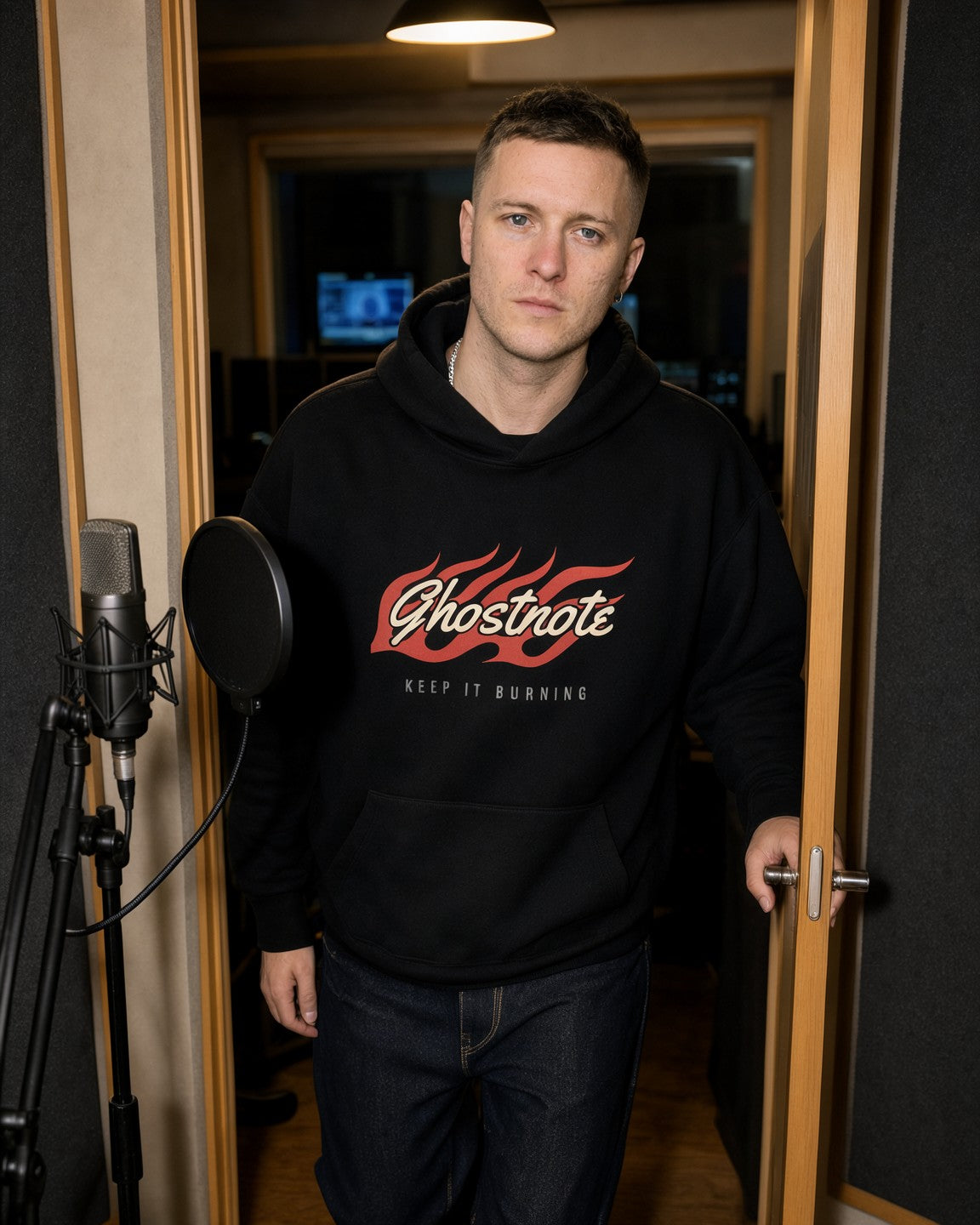 Model wearing the Ghostnote Flame Hoodie in Black