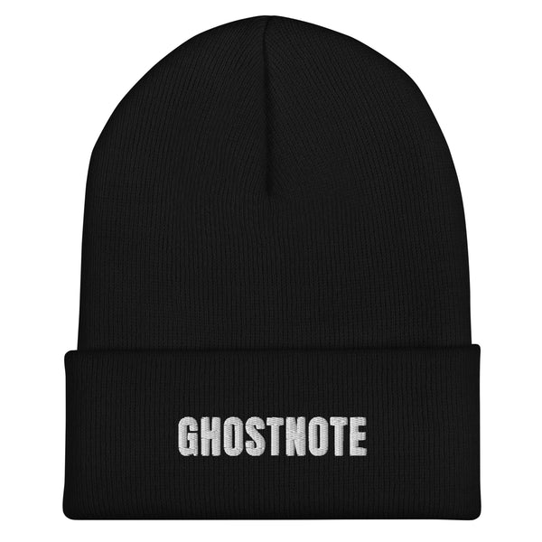 Ghostnote Logo hip hop beanie, black cuffed knit with white GHOSTNOTE embroidery, flat front