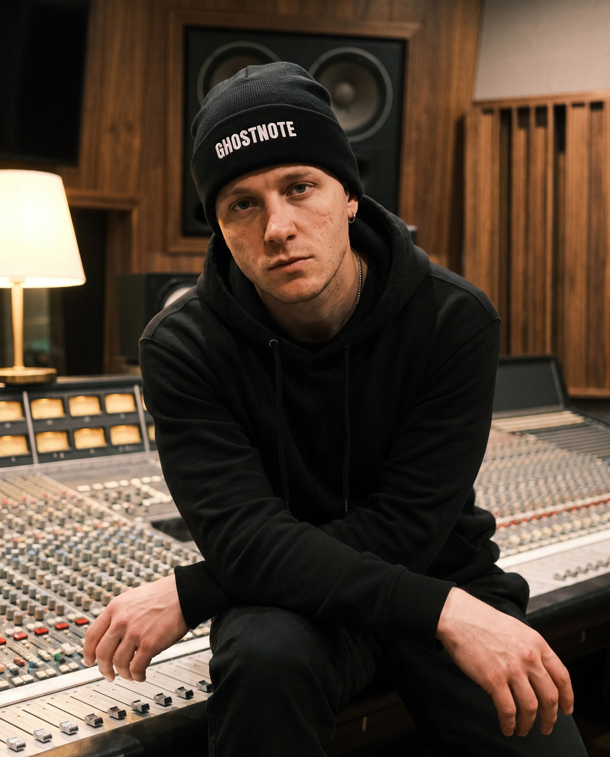 Model wearing the Ghostnote Logo beanie in Black in a recording studio control room