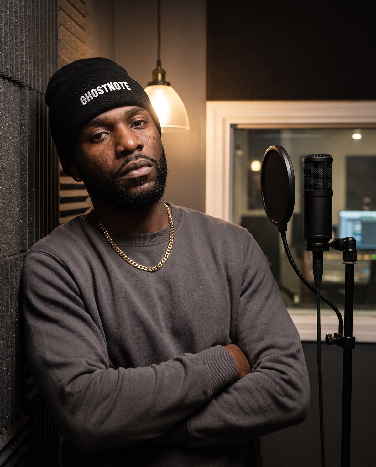 Model wearing the Ghostnote Logo beanie in Black in a vocal booth