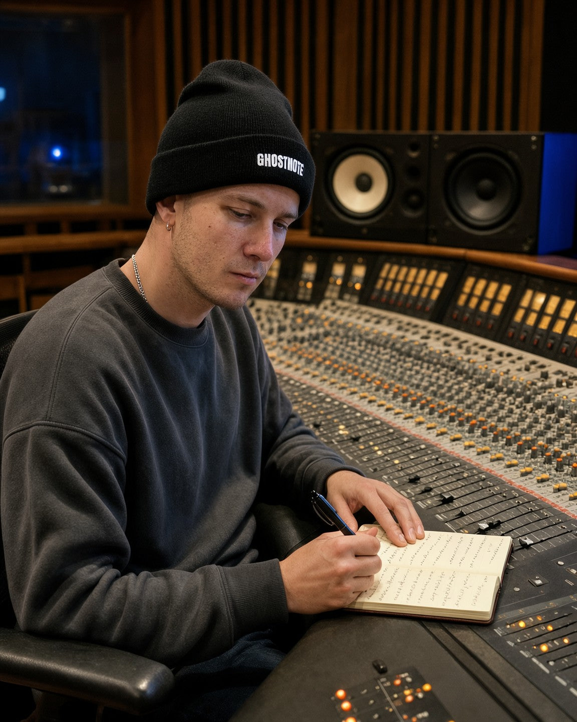 Man wearing the Ghostnote Logo hip hop beanie in black, writing lyrics at a studio console